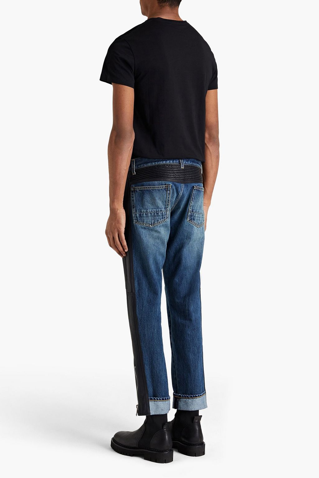 MCQUEEN Slim-fit leather-paneled faded denim jeans