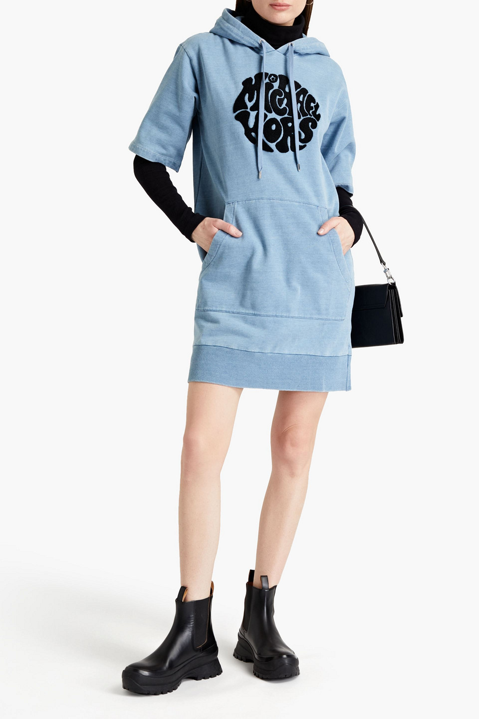 Michael Michael Kors Appliquéd Cotton-terry Hooded Mini Dress In Blue