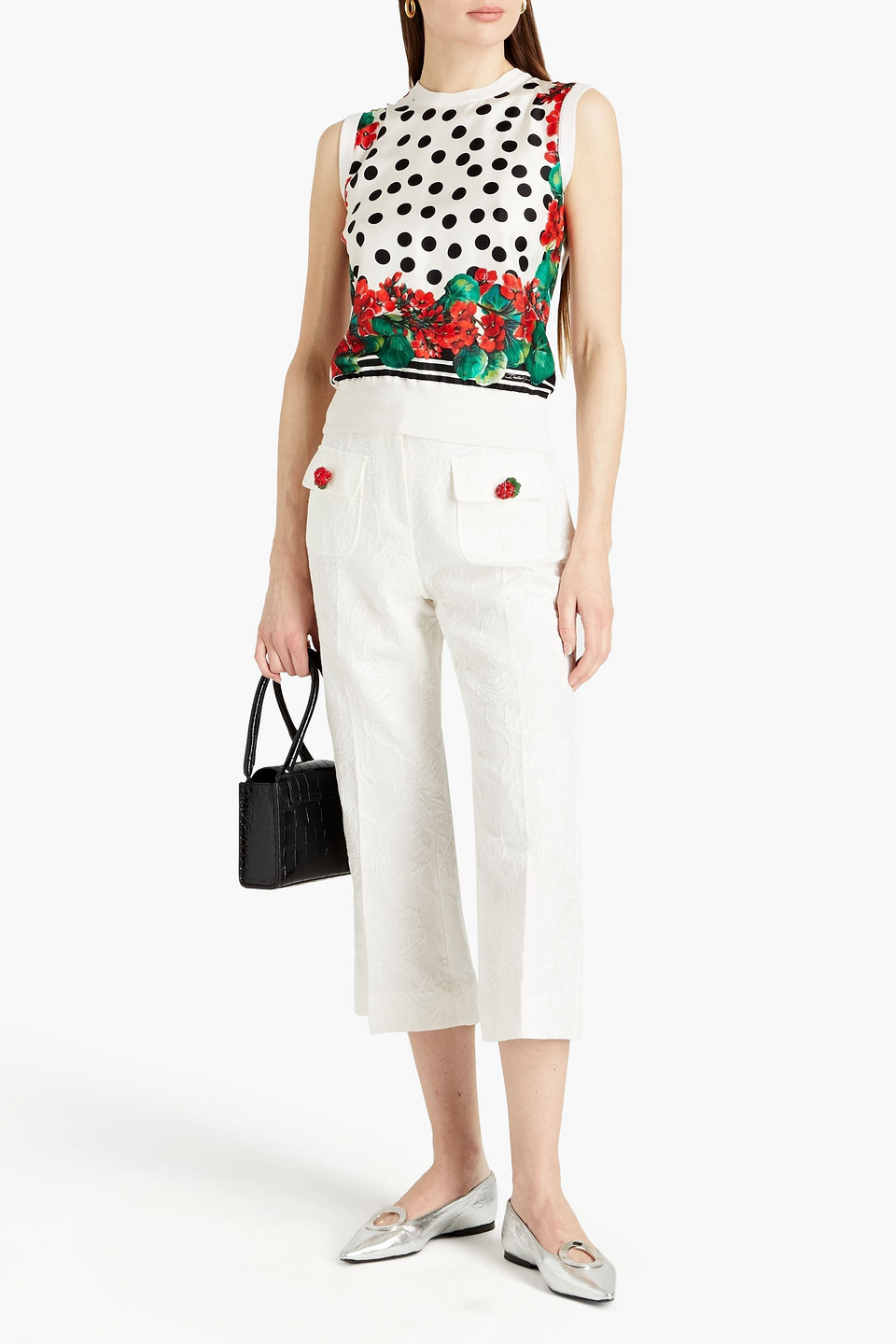 Dolce & Gabbana Button-embellished Cotton-blend Cloqué Kick-flare Trousers In White