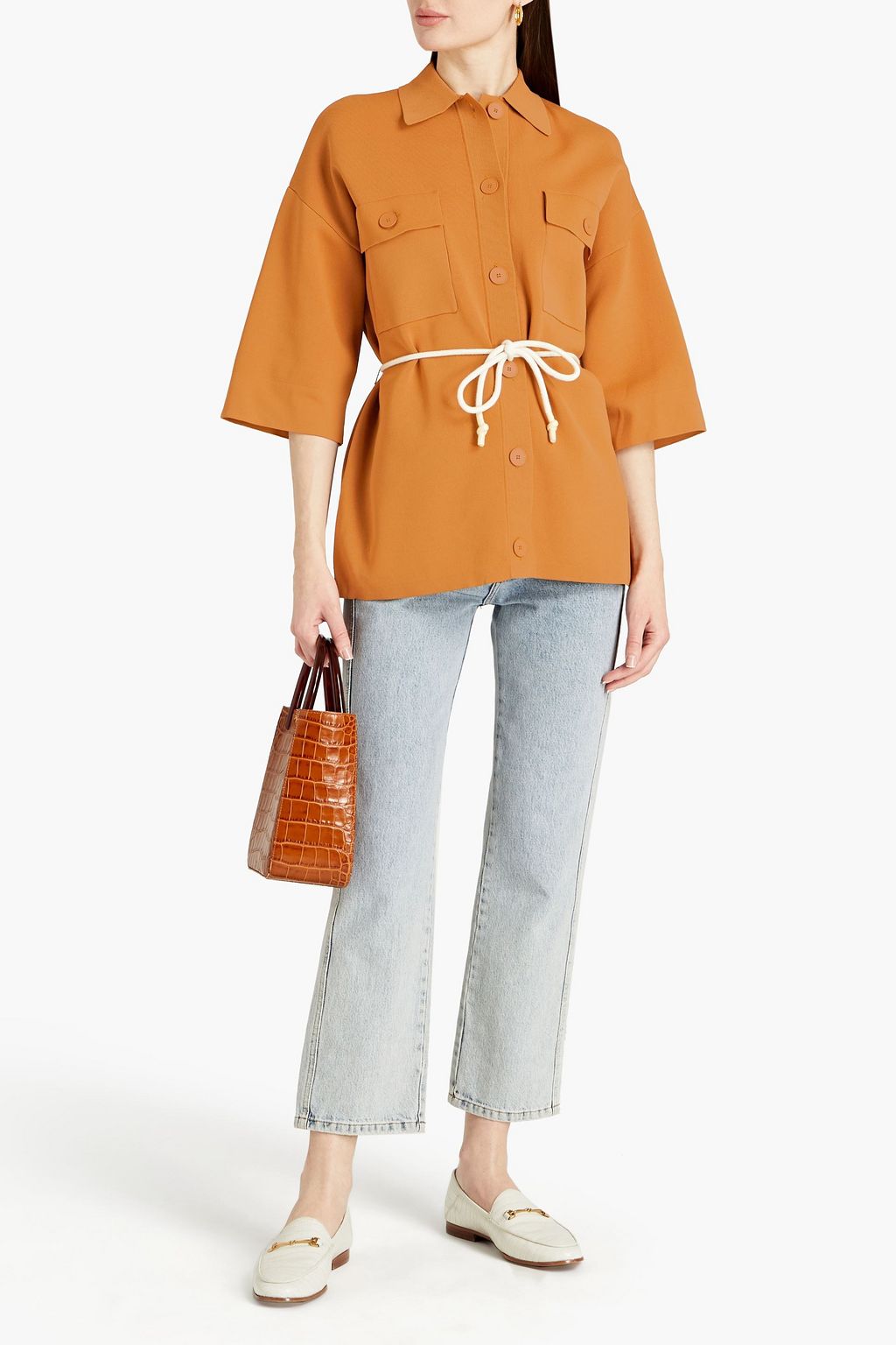 SANDRO Martine belted ribbed-knit shirt