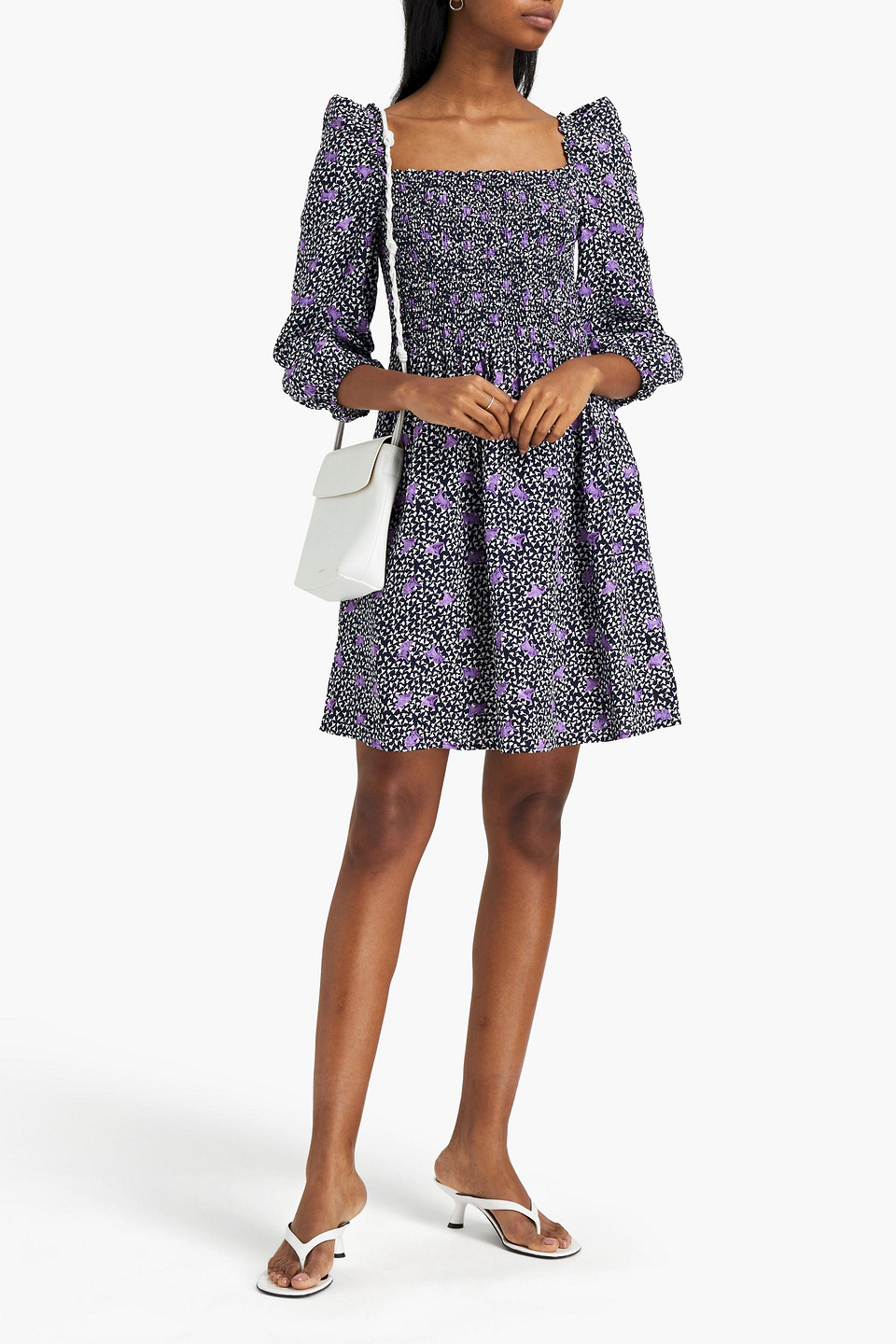 Maje Shirred Floral-print Crepe Mini Dress In Navy