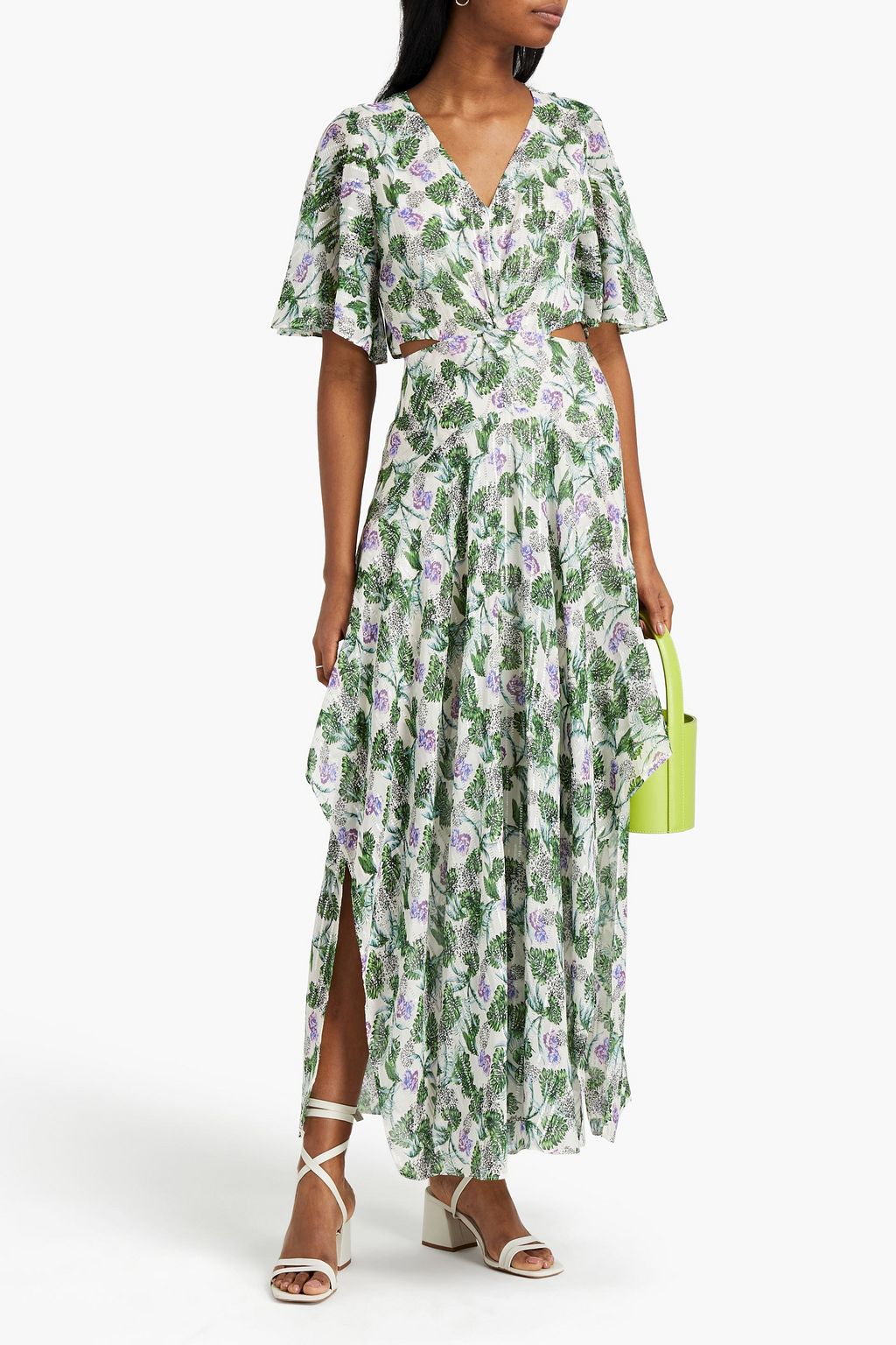 MAJE Cutout floral-print metallic fil coupé maxi dress