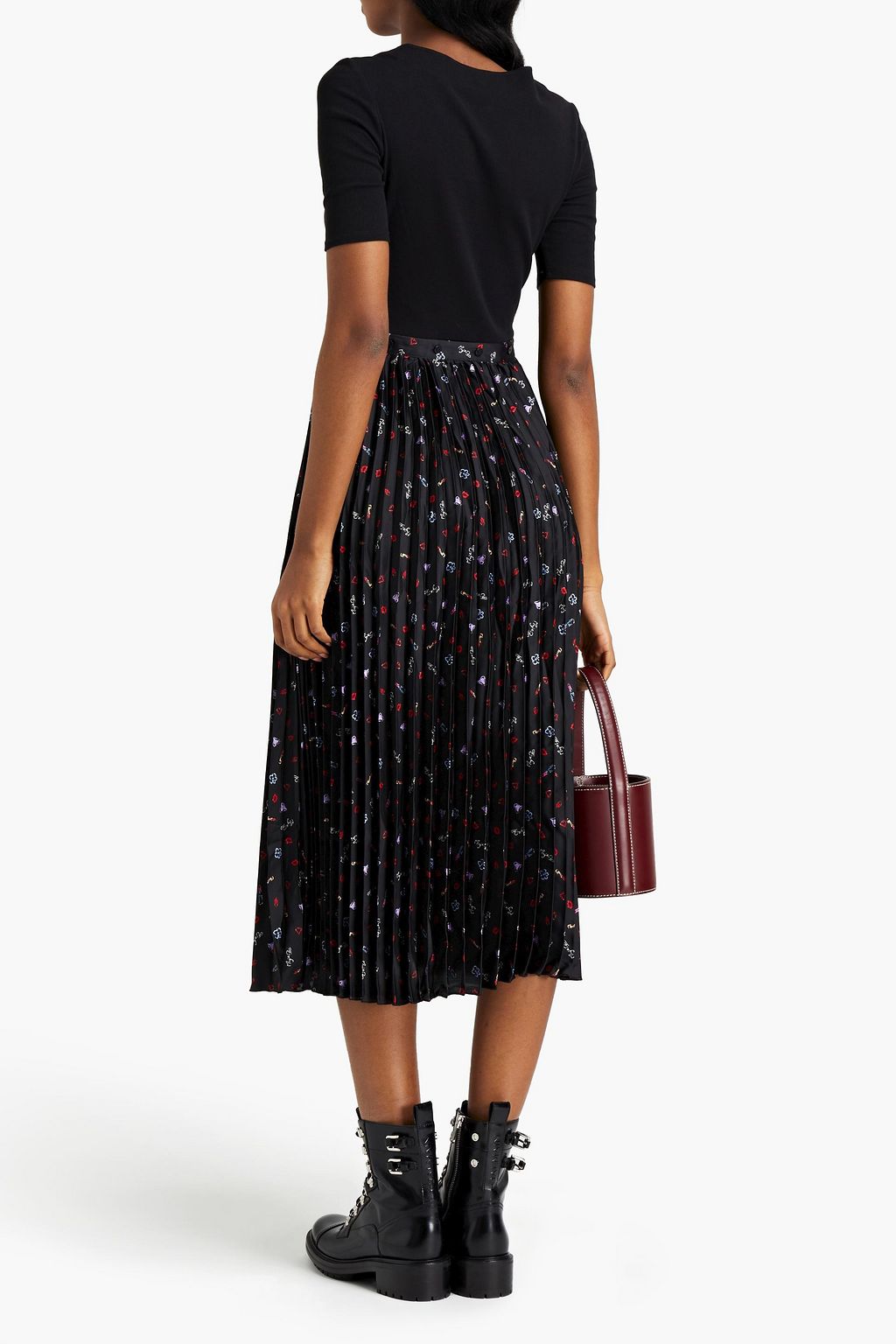 MAJE Jersey-paneled pleated printed satin midi dress