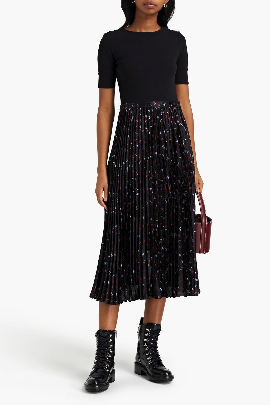 MAJE Jersey-paneled pleated printed satin midi dress