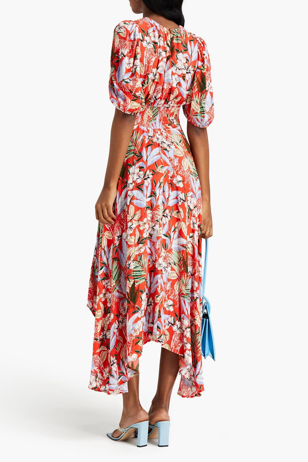 MAJE Shirred floral-print satin-crepe midi dress
