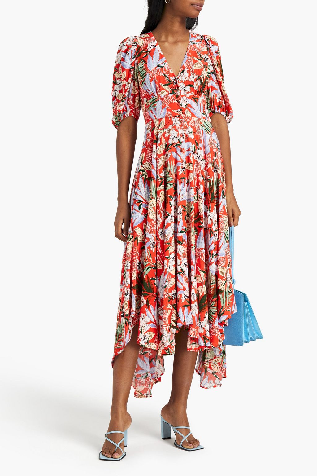 Red Shirred floral-print satin-crepe midi dress | MAJE | THE OUTNET