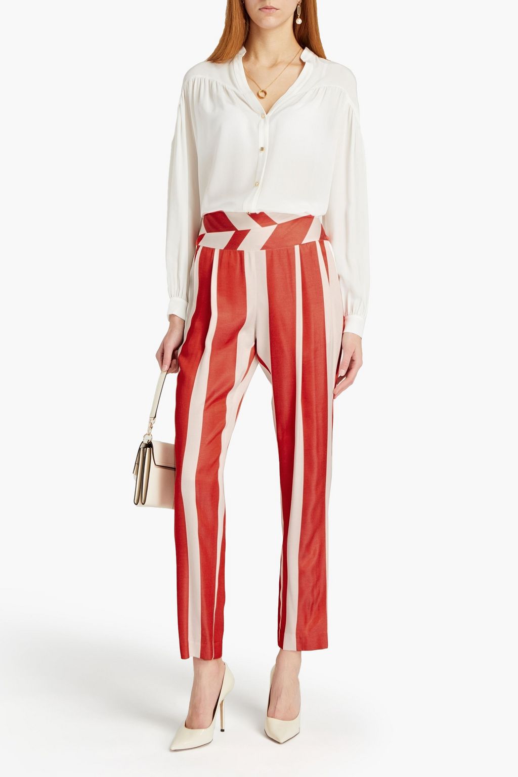 MICHELLE MASON Pleated striped satin-jacquard tapered pants