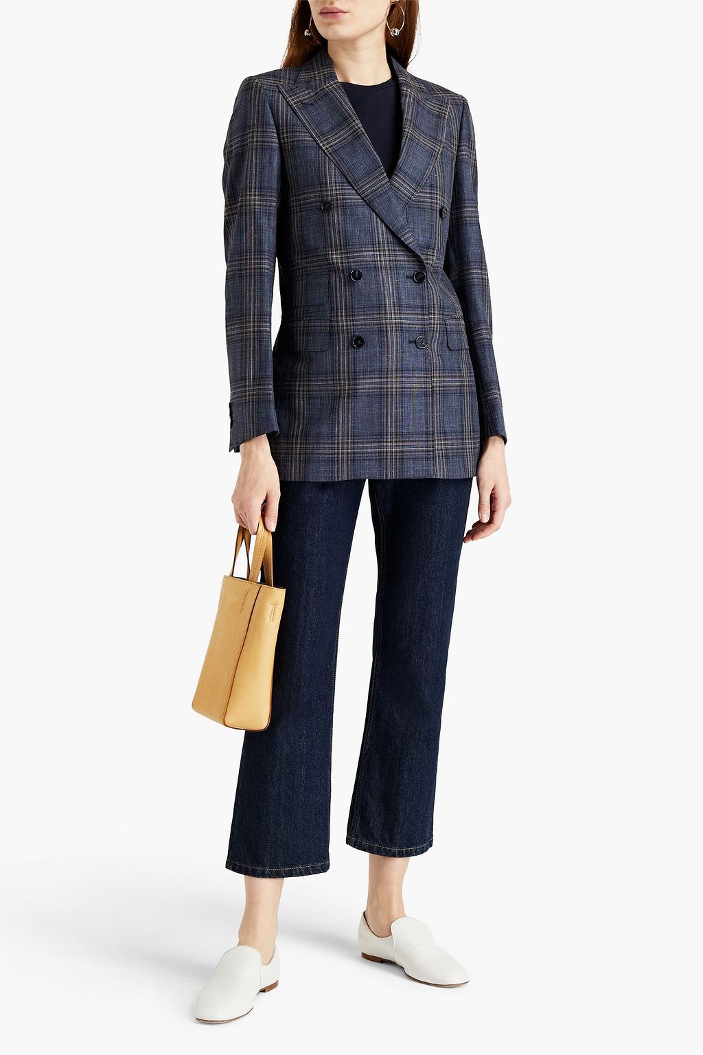 OFFICINE GÉNÉRALE Manon double-breasted checked wool, silk and linen blend blazer