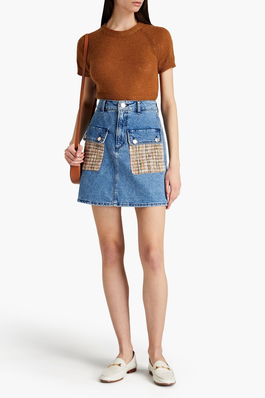 SANDRO Fiorina tweed-paneled denim mini skirt
