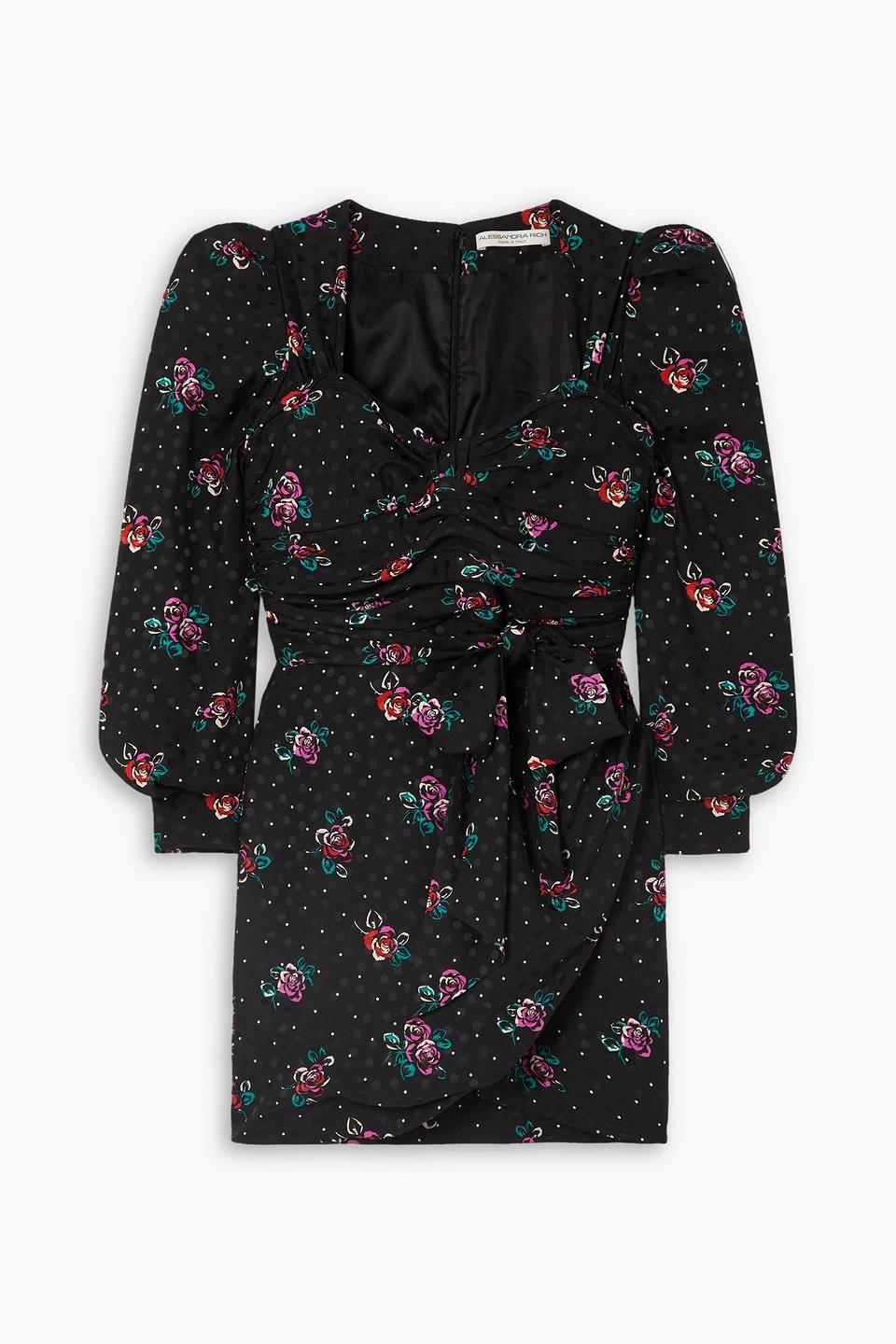 Shop Alessandra Rich Wrap-effect Ruched Floral-print Silk-jacquard Mini Dress In Black