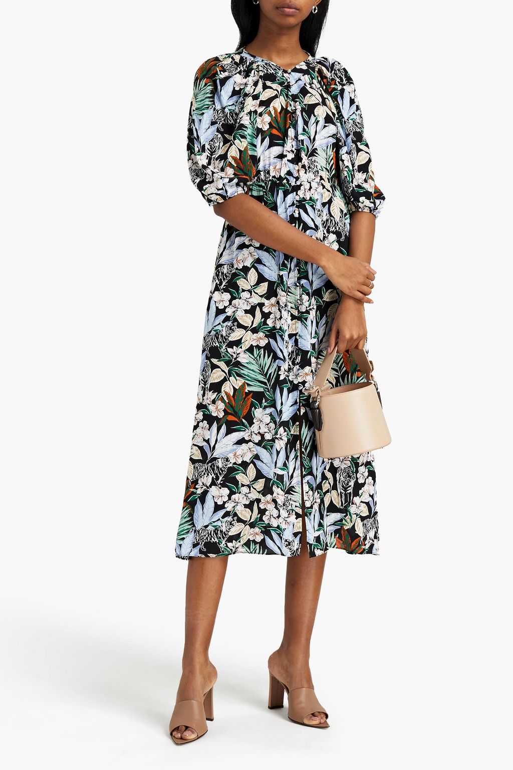 MAJE Gathered floral-print voile midi dress