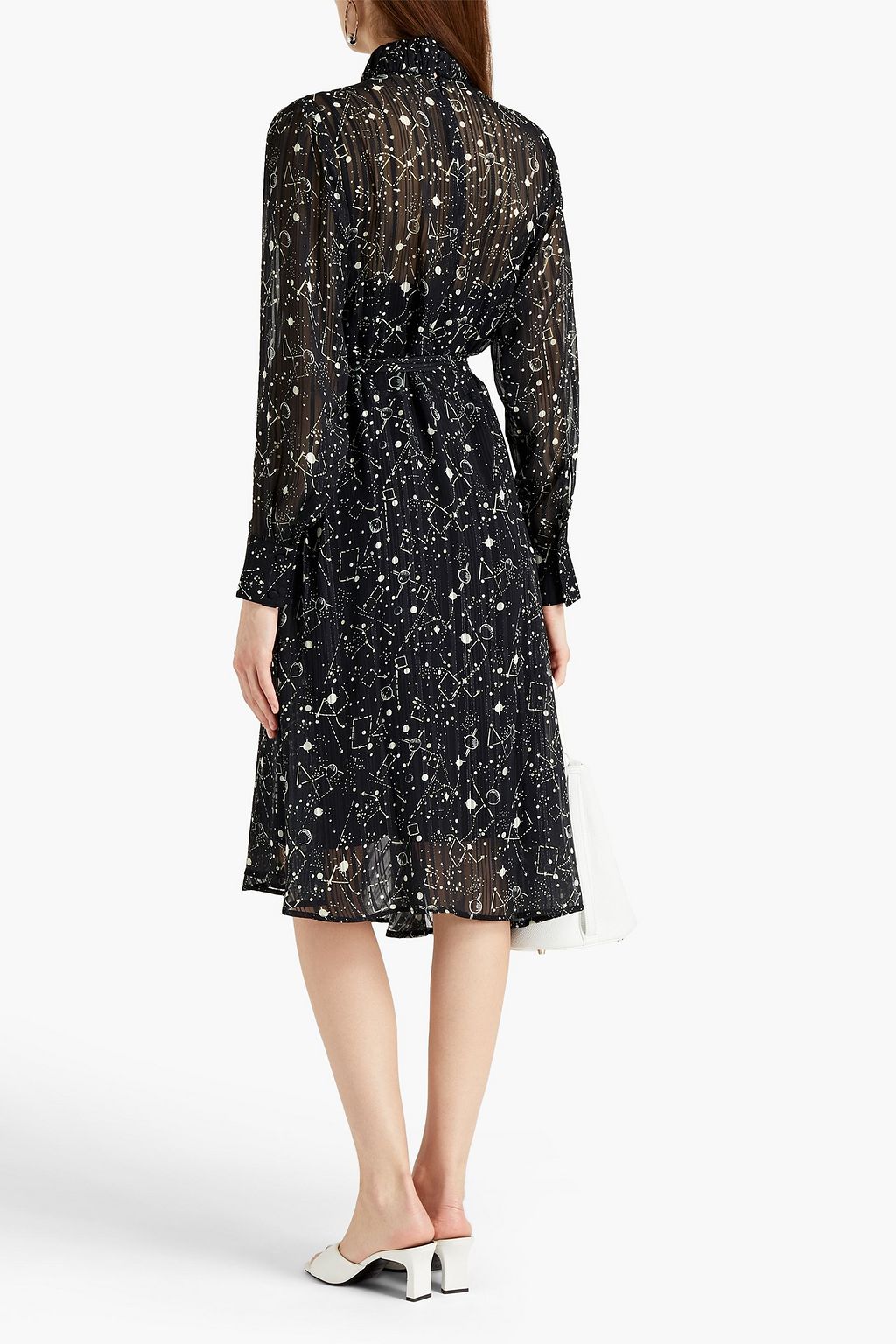 OFFICINE GÉNÉRALE Solange asymmetric belted printed metallic fil coupé georgette midi dress