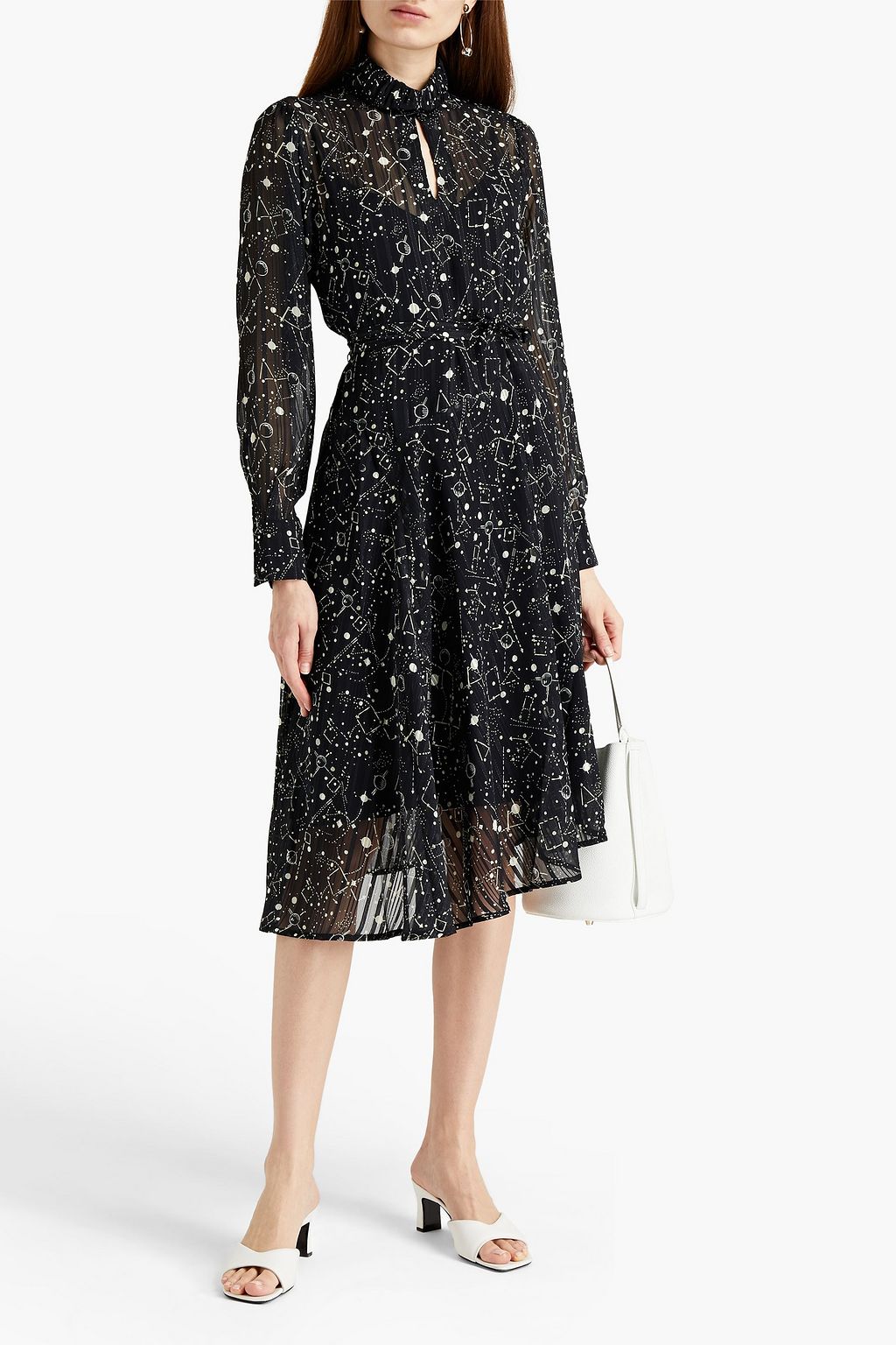 OFFICINE GÉNÉRALE Solange asymmetric belted printed metallic fil coupé georgette midi dress