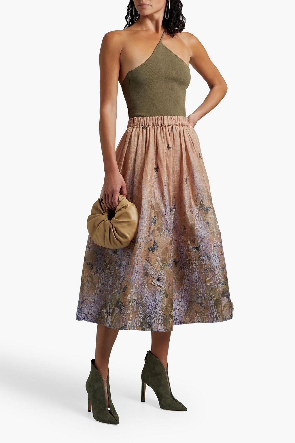 ZIMMERMANN Appliquéd printed dégradé linen and silk-blend skirt