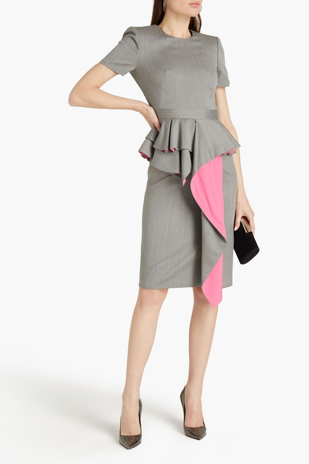 MCQUEEN Crepe de chine-paneled draped herringbone wool peplum dress
