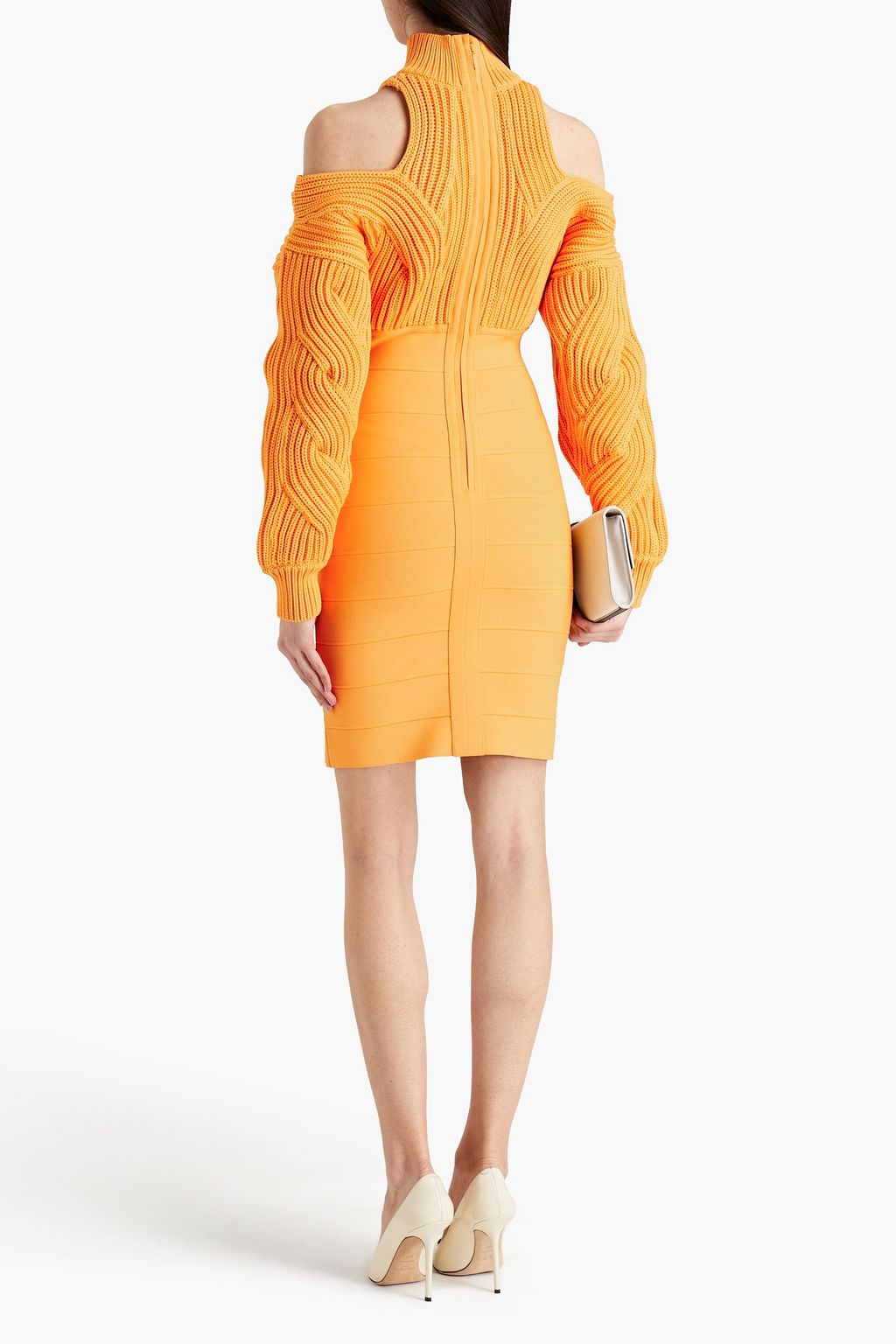 HERVÉ LÉGER Cold-shoulder ribbed-paneled bandage mini dress