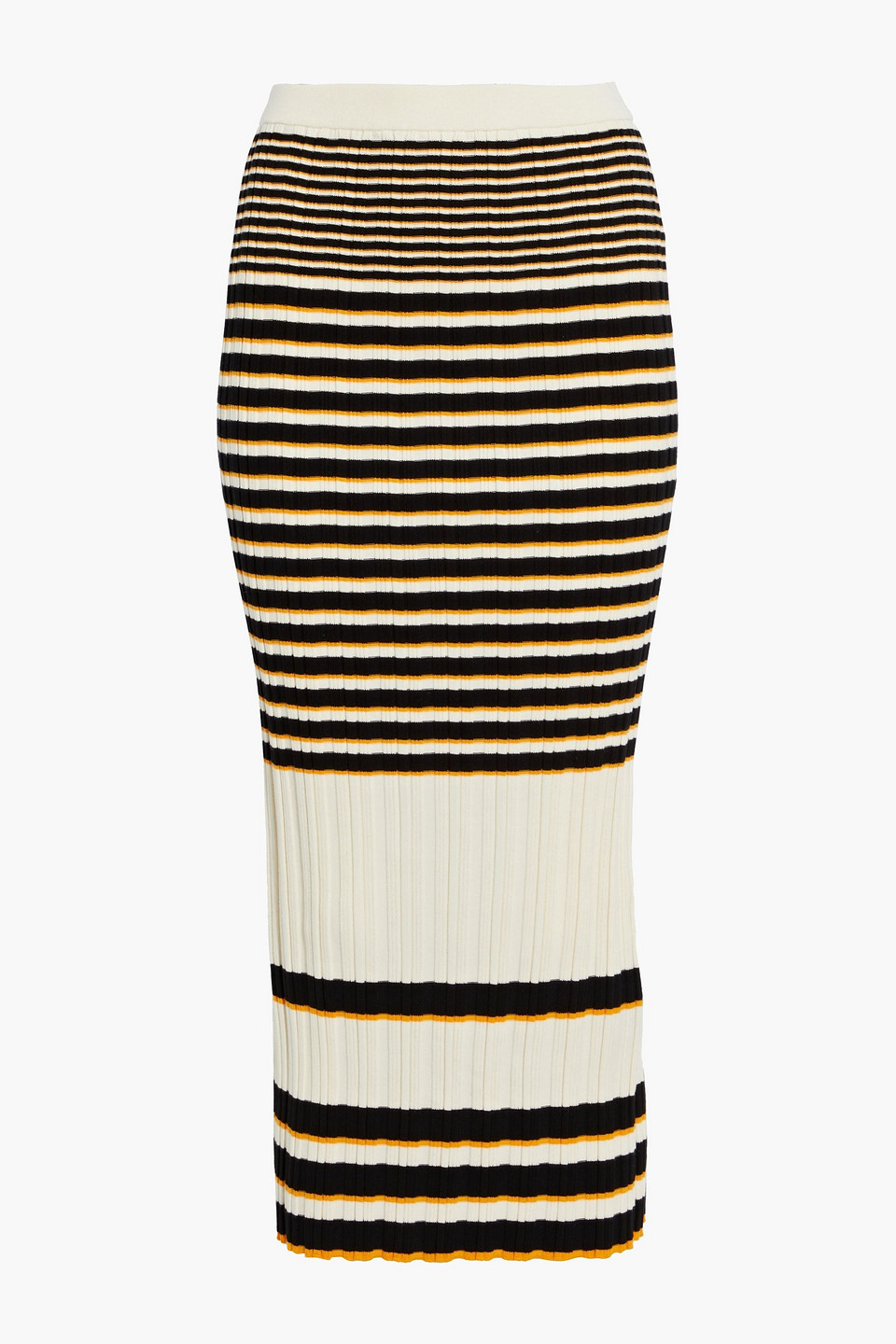 Striped ribbed cotton-blend midi skirt