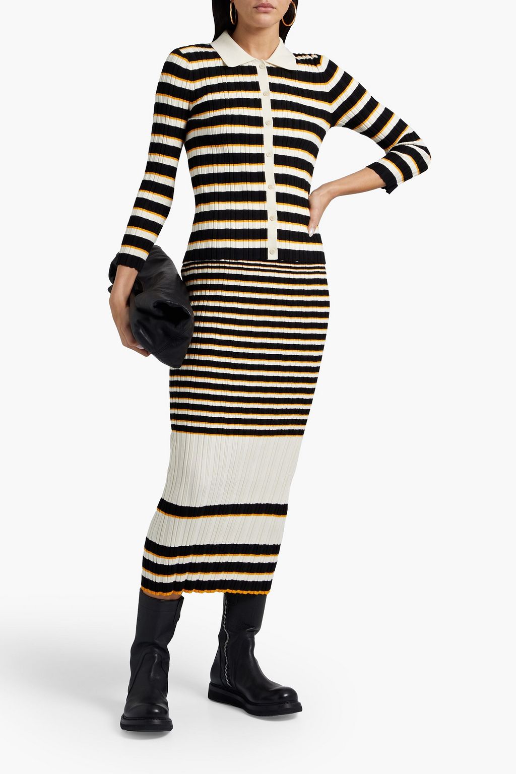 THEORY Striped ribbed cotton-blend midi skirt
