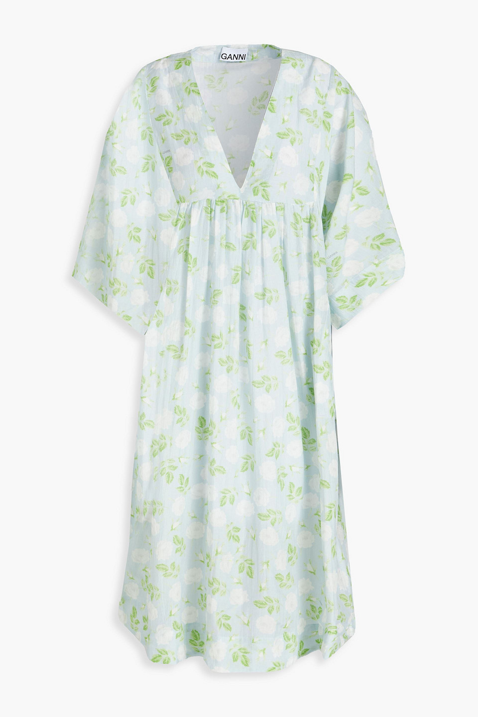 Ganni Woman Floral-print Cotton And Silk-blend Midi Dress Sky Blue Size 36
