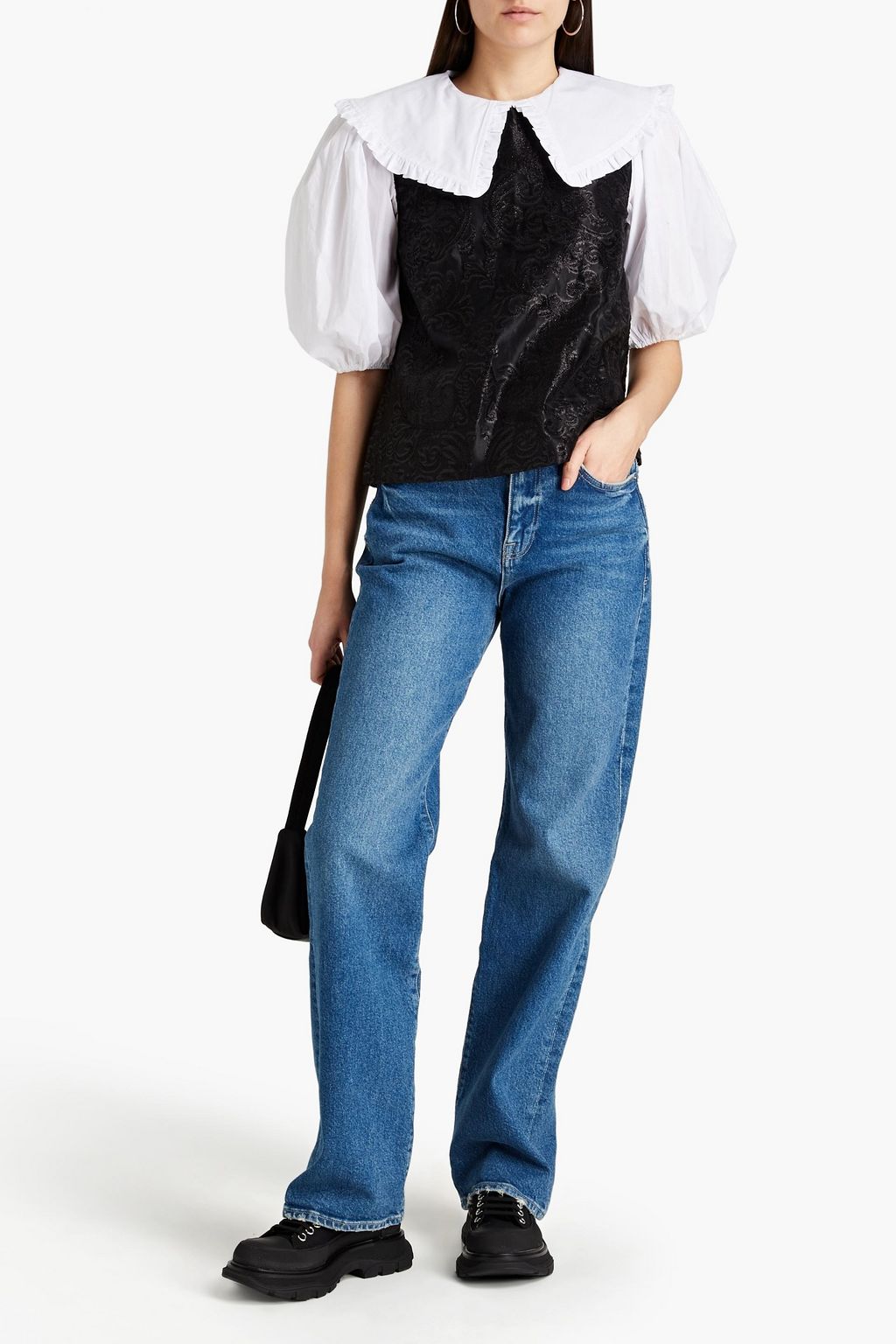 GANNI Poplin-paneled brocade blouse