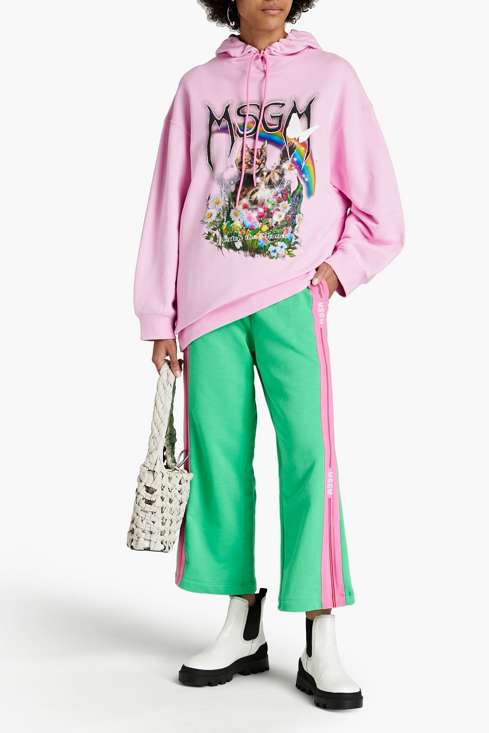 Msgm Cropped French Cotton-terry Track Trousers In Pink