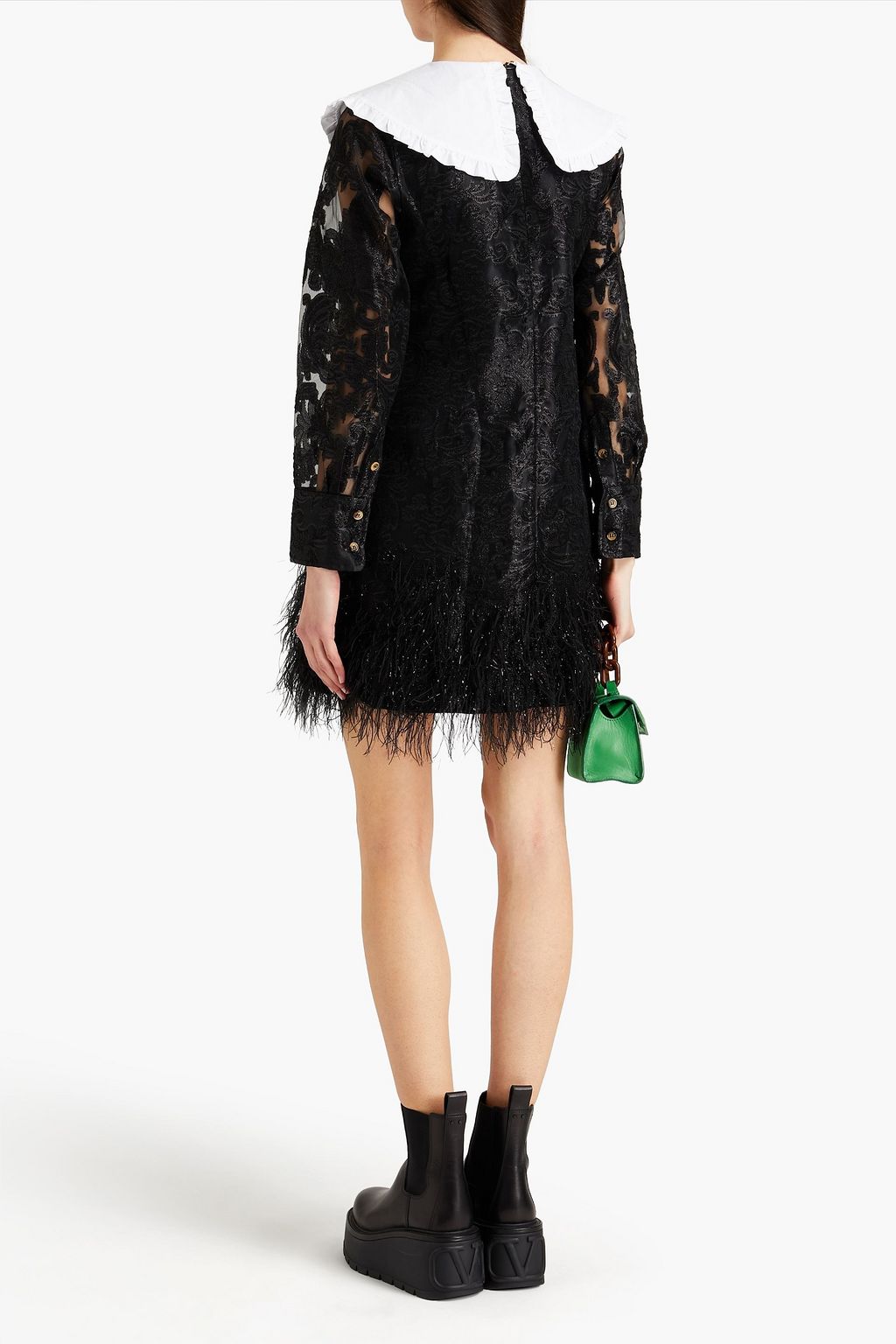 GANNI Faux feather-embellished brocade mini dress