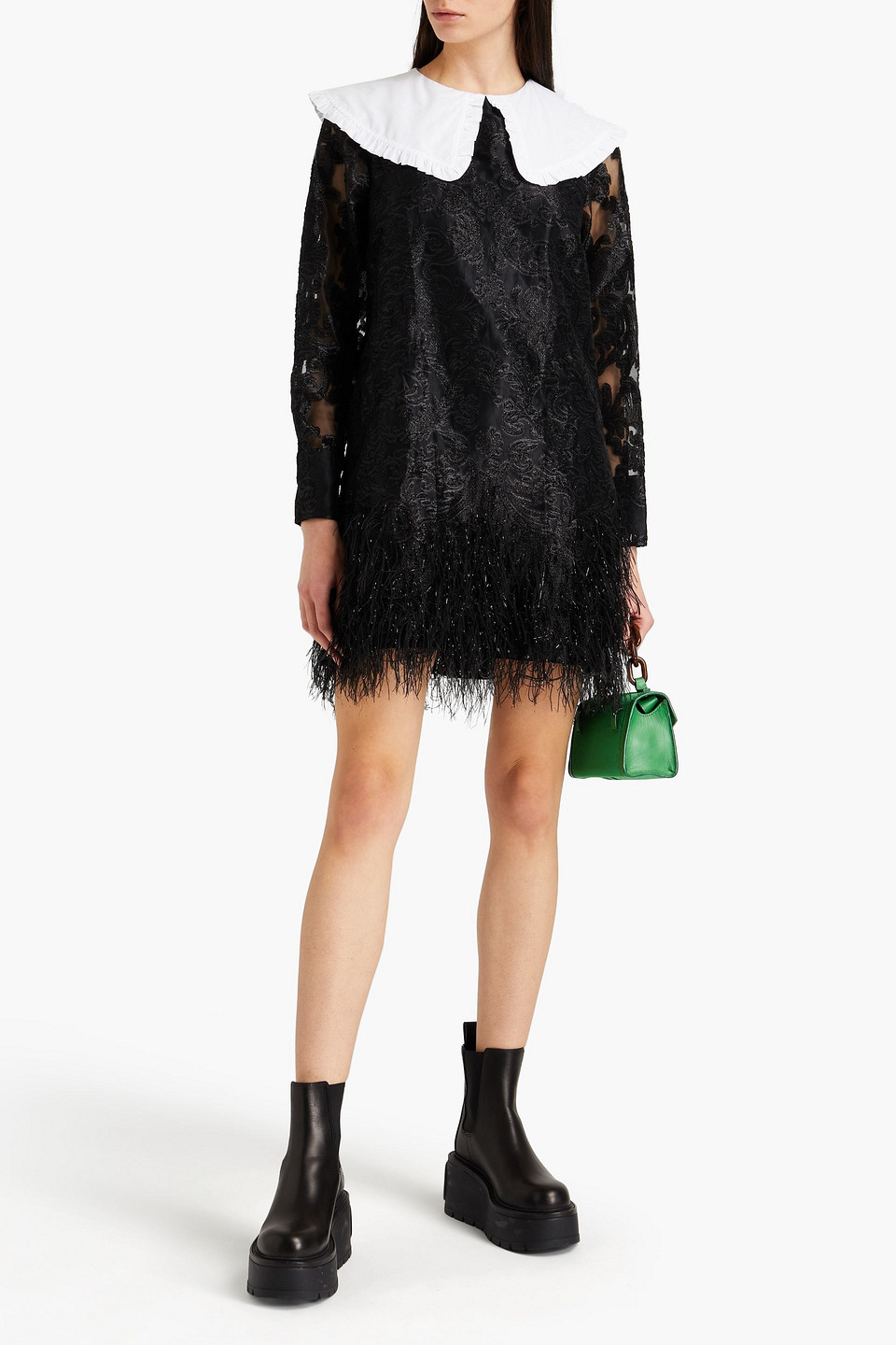 Ganni Faux Feather-embellished Brocade Mini Dress In Black