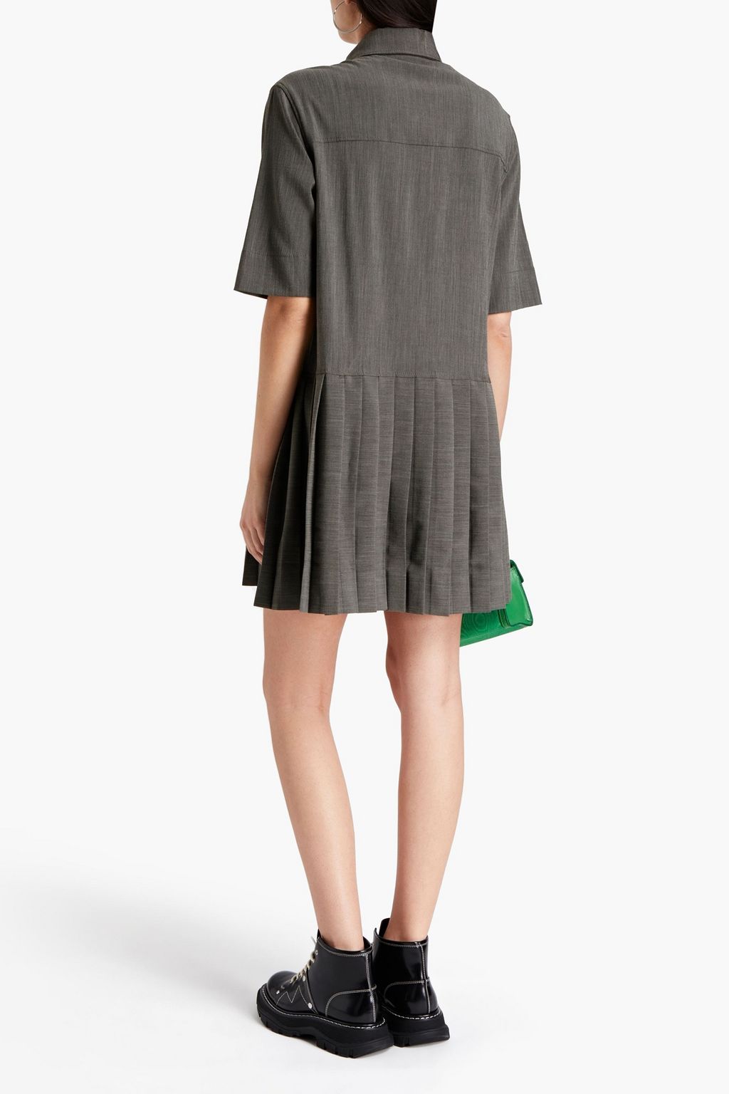GANNI Embellished pleated chambray mini shirt dress