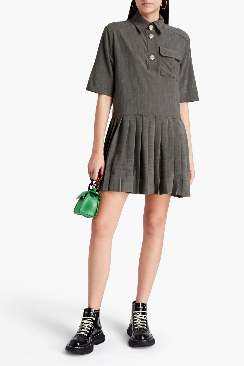GANNI Embellished pleated chambray mini shirt dress