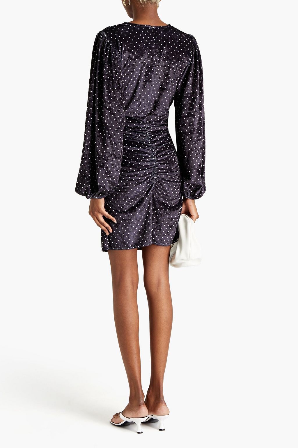 GANNI Ruched polka-dot velvet mini dress