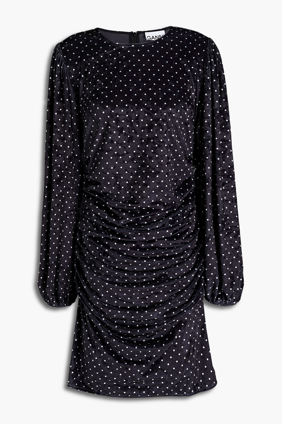 Ganni Woman Ruched Polka-dot Velvet Mini Dress Black Size 42