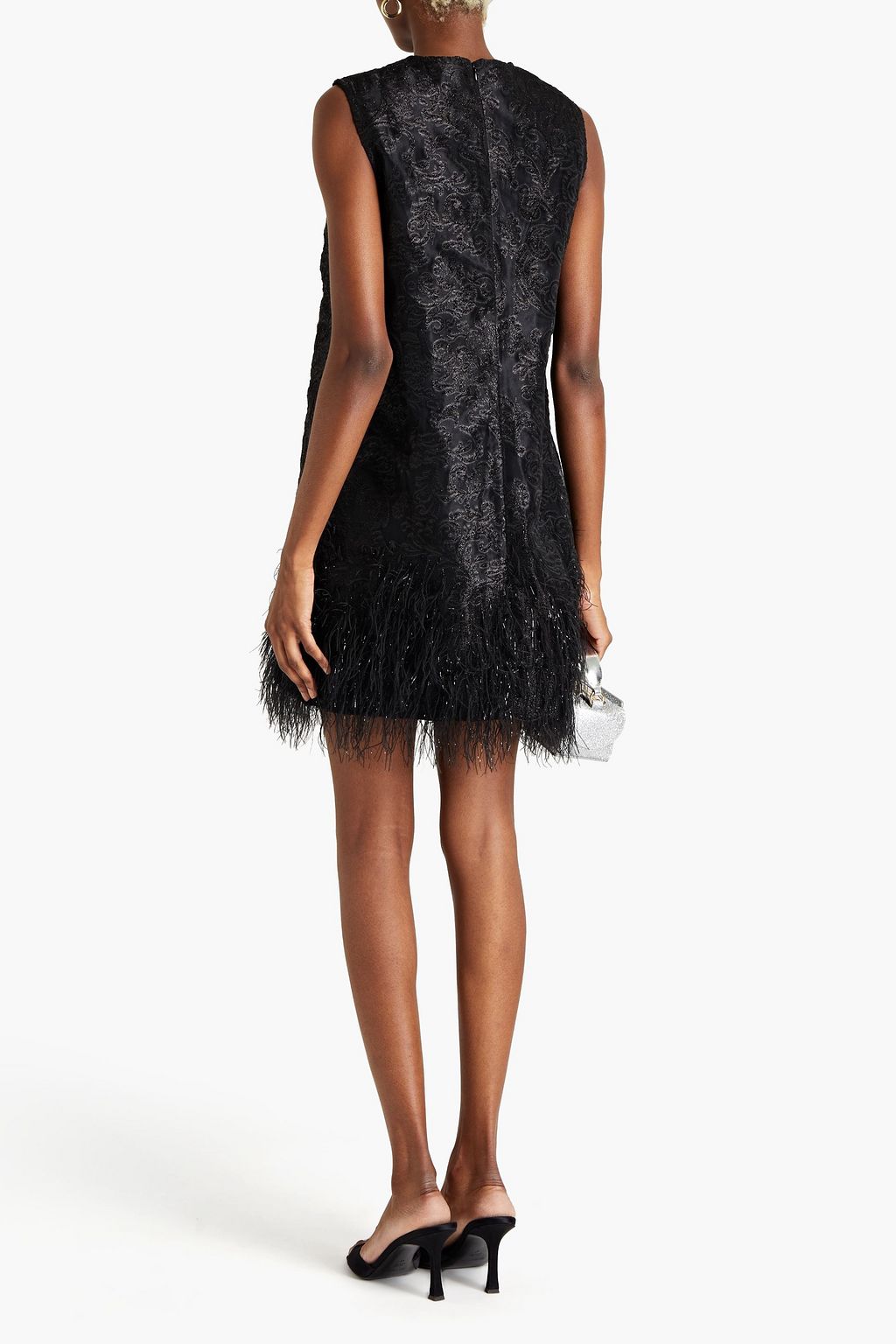 GANNI Faux feather-embellished brocade mini dress