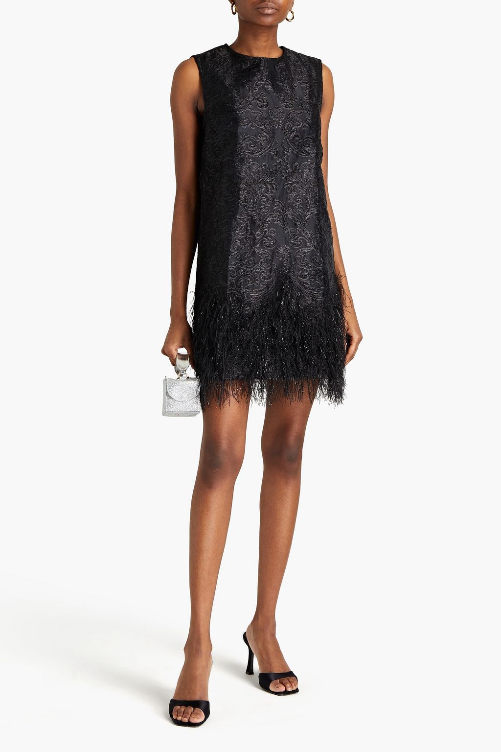 GANNI Faux feather-embellished brocade mini dress