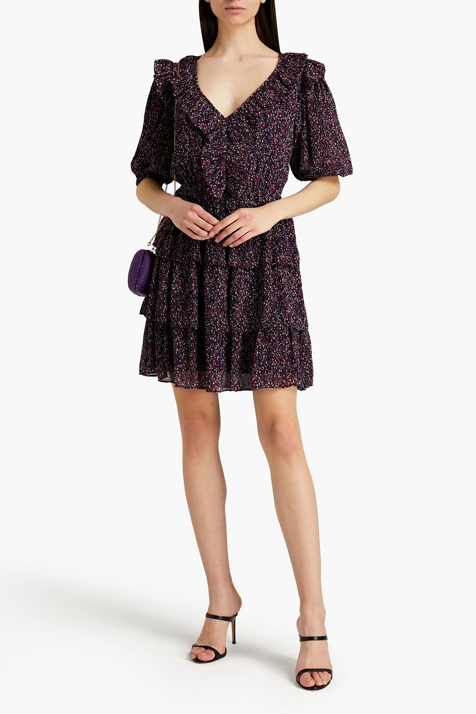 Michael Michael Kors Ruffled Floral-print Plissé-georgette Mini Dress In Purple