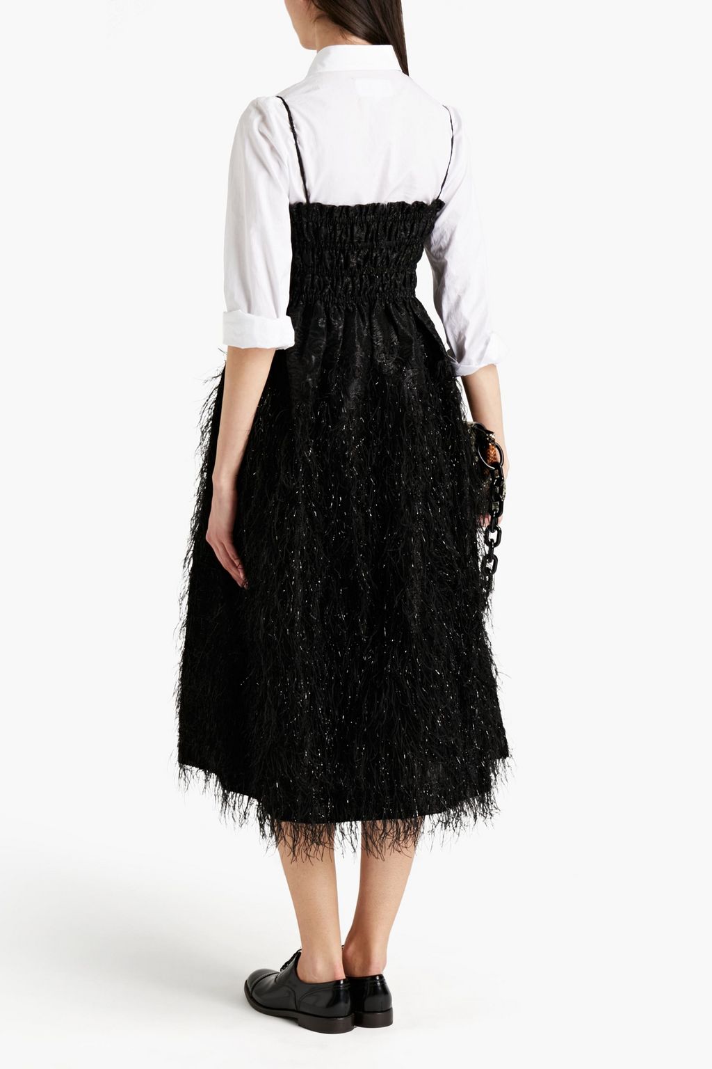 GANNI Faux feather-embellished brocade midi dress