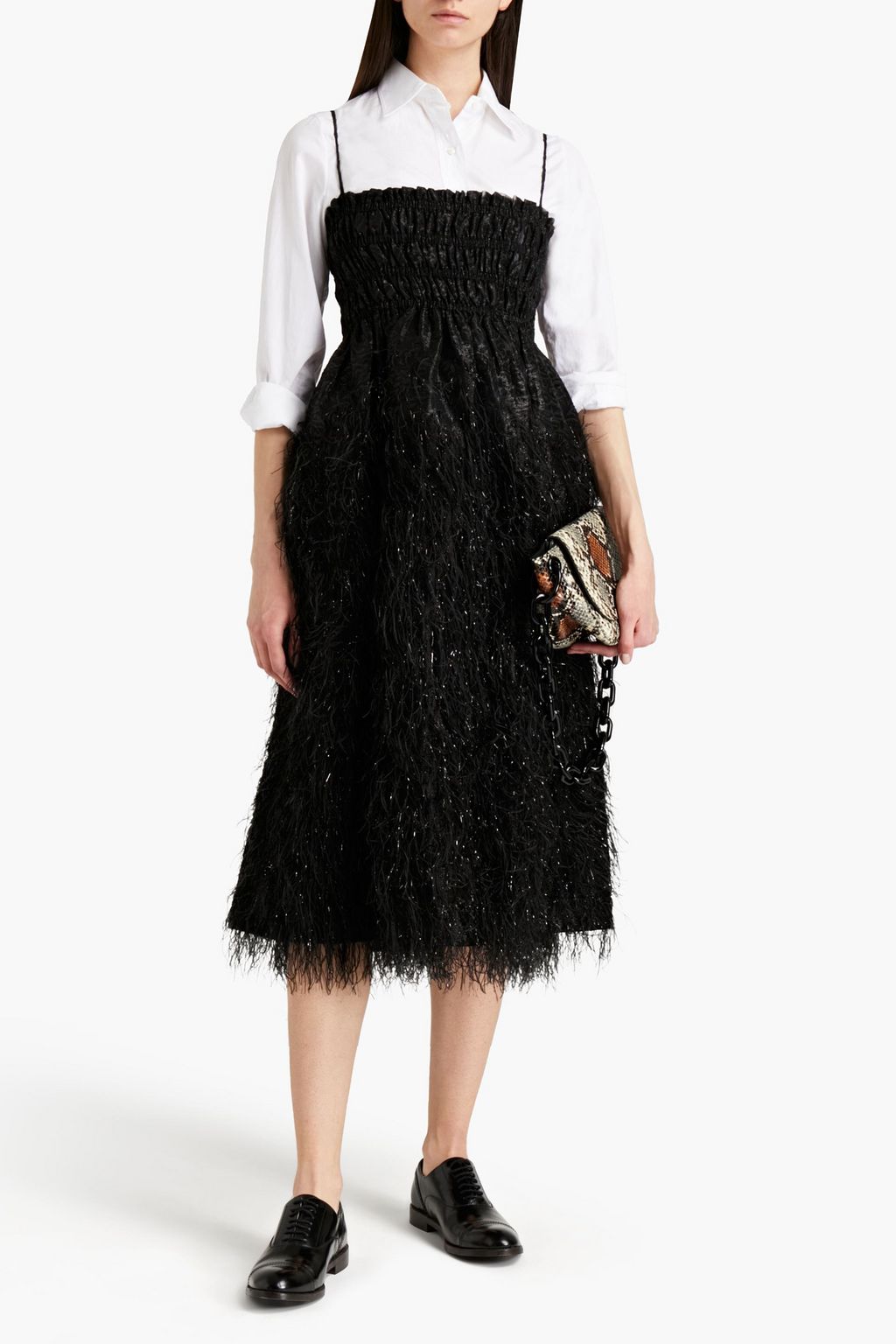 GANNI Faux feather-embellished brocade midi dress