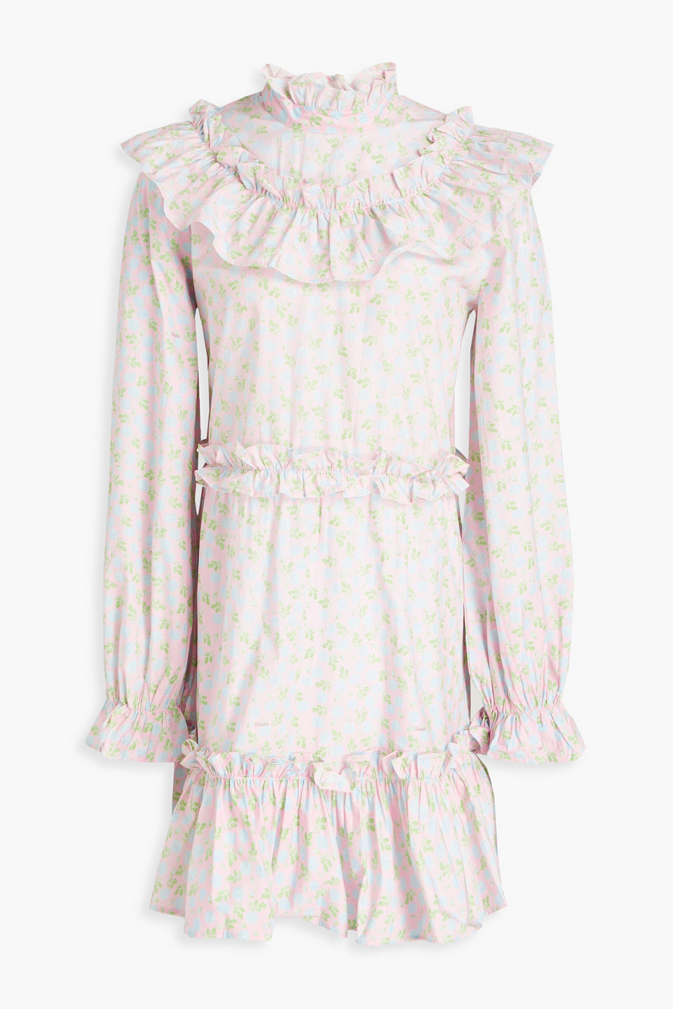 Ganni Woman Ruffled Leopard-print Organic Cotton Mini Dress Pastel Pink Size 32