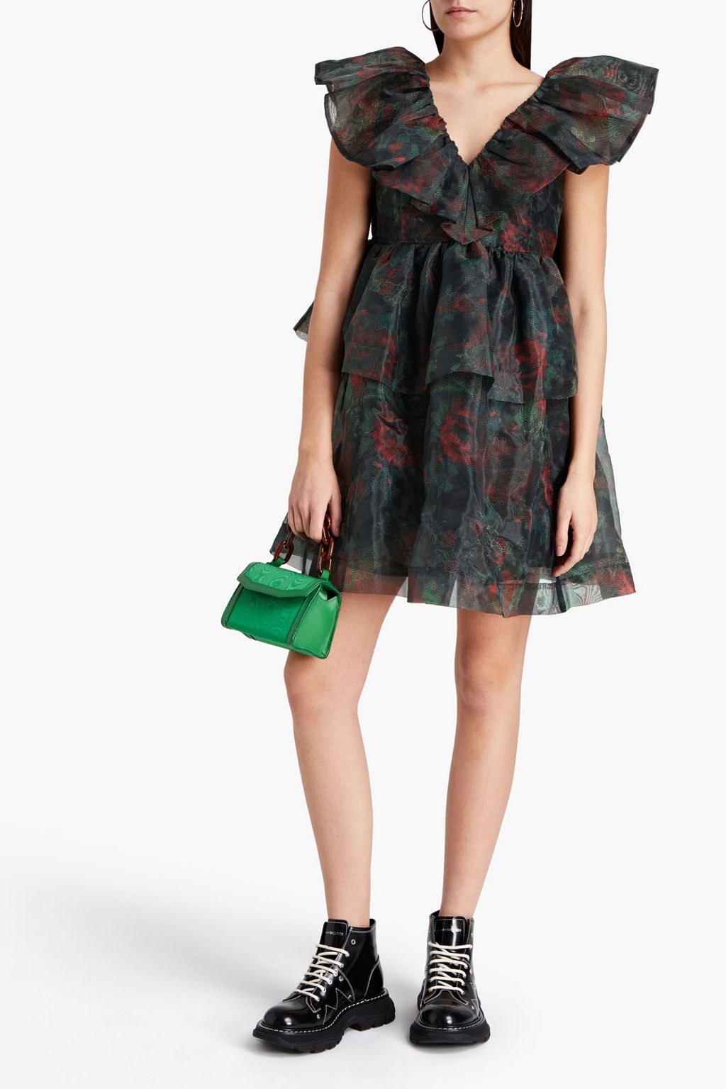 GANNI Tiered printed organza mini dress