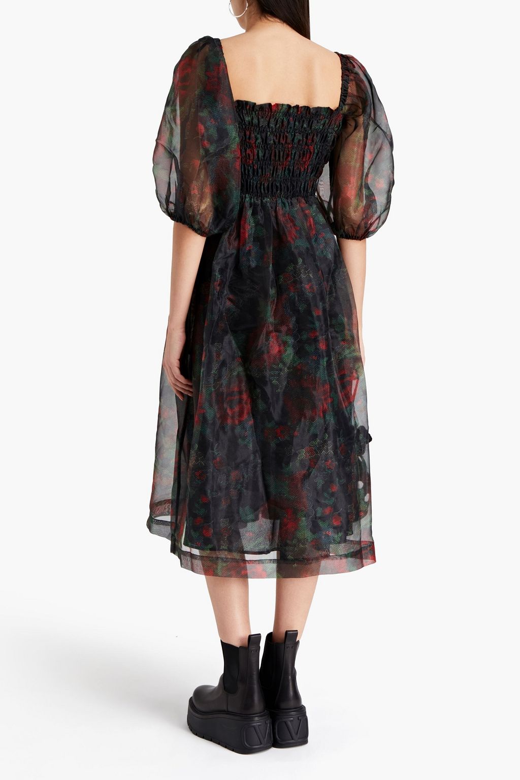 GANNI Gathered printed organza midi dress