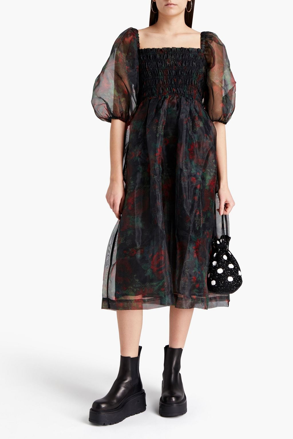 GANNI Gathered printed organza midi dress