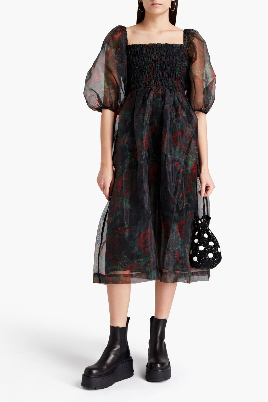 GANNI Gathered printed organza midi dress | THE OUTNET