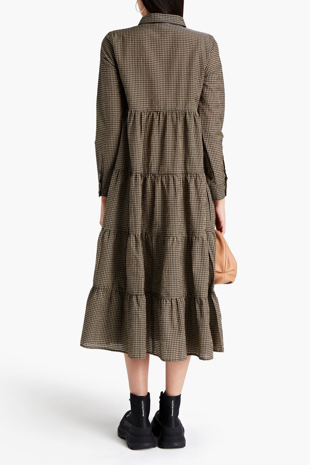 GANNI Tiered gingham seersucker midi dress