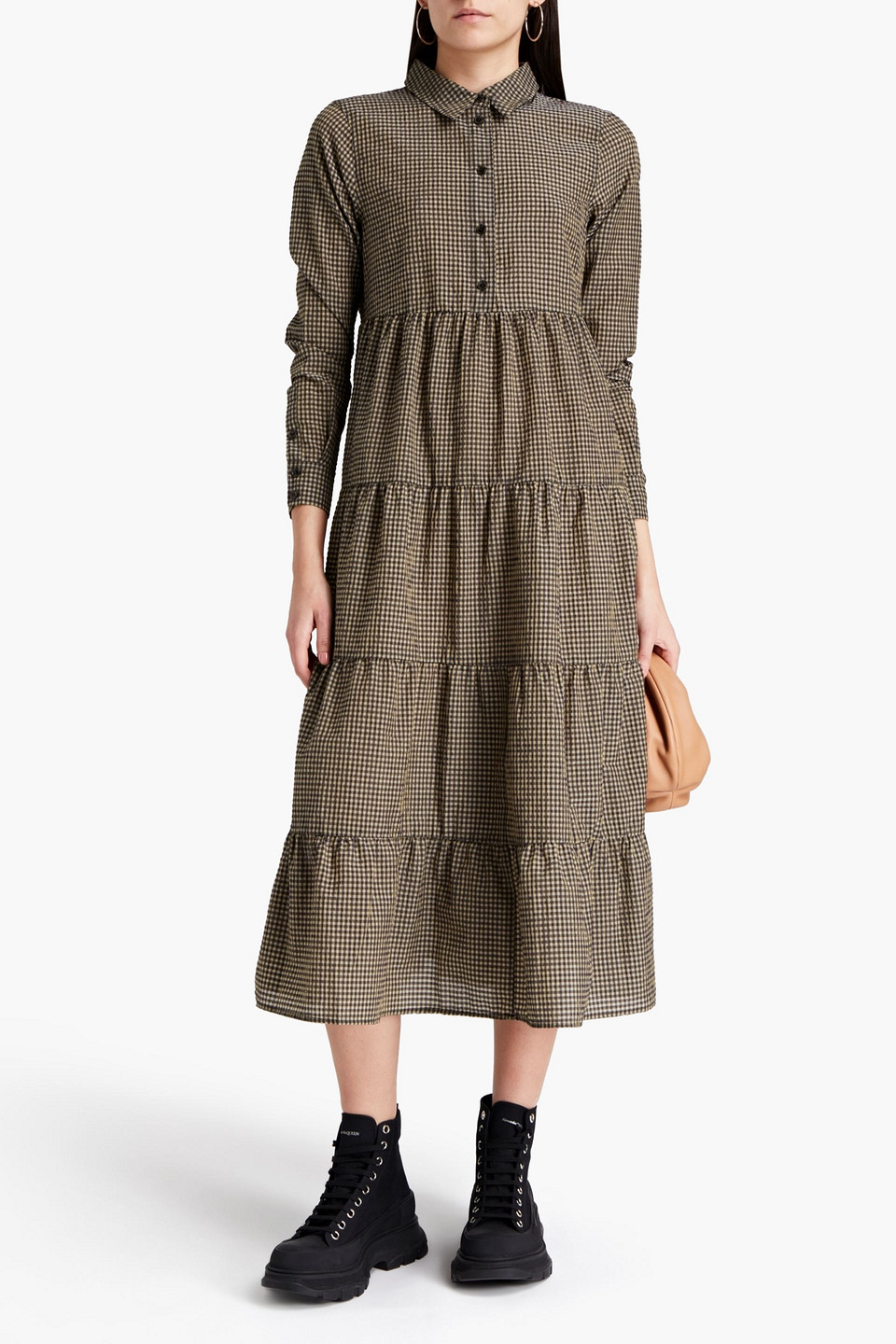Ganni Tiered Gingham Seersucker Midi Dress In Brown