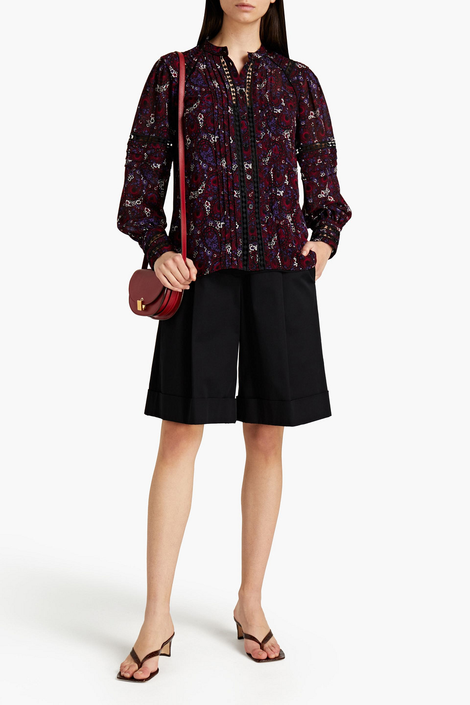 Michael Michael Kors Pintucked Printed Crepe Blouse In Purple