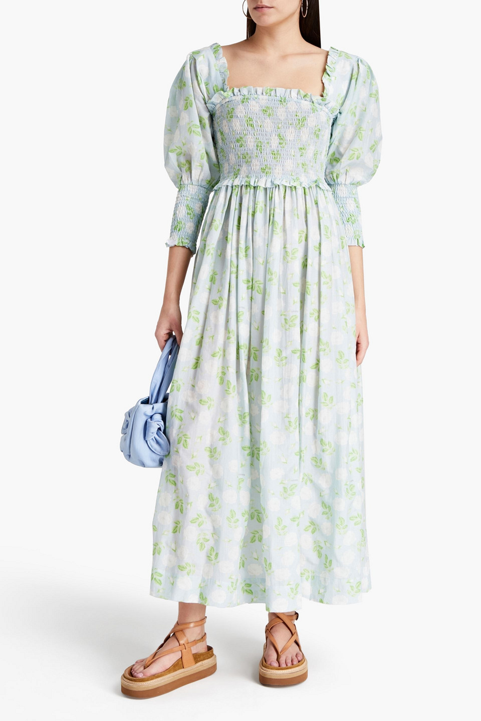 Ganni Shirred Floral-print Cotton And Silk-blend Maxi Dress In Sky Blue