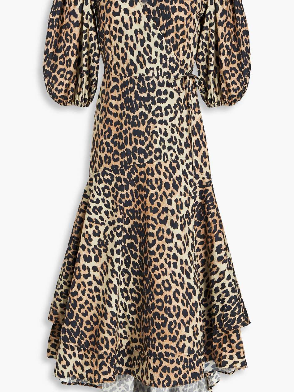 layered leopard-print cotton-poplin midi wrap dress