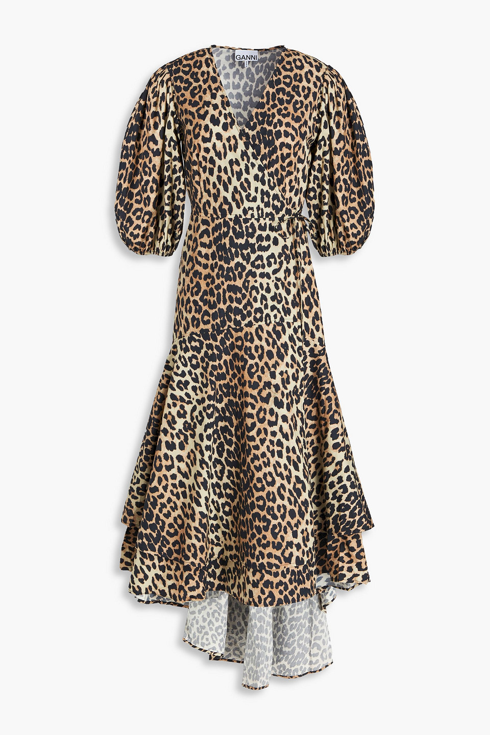 ganni - layered leopard-print cotton-poplin midi wrap dress - animal print - eu 42