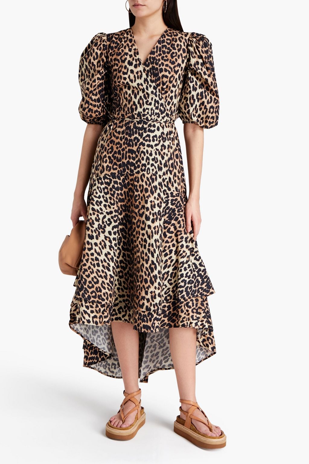 GANNI Layered leopard-print cotton-poplin midi wrap dress