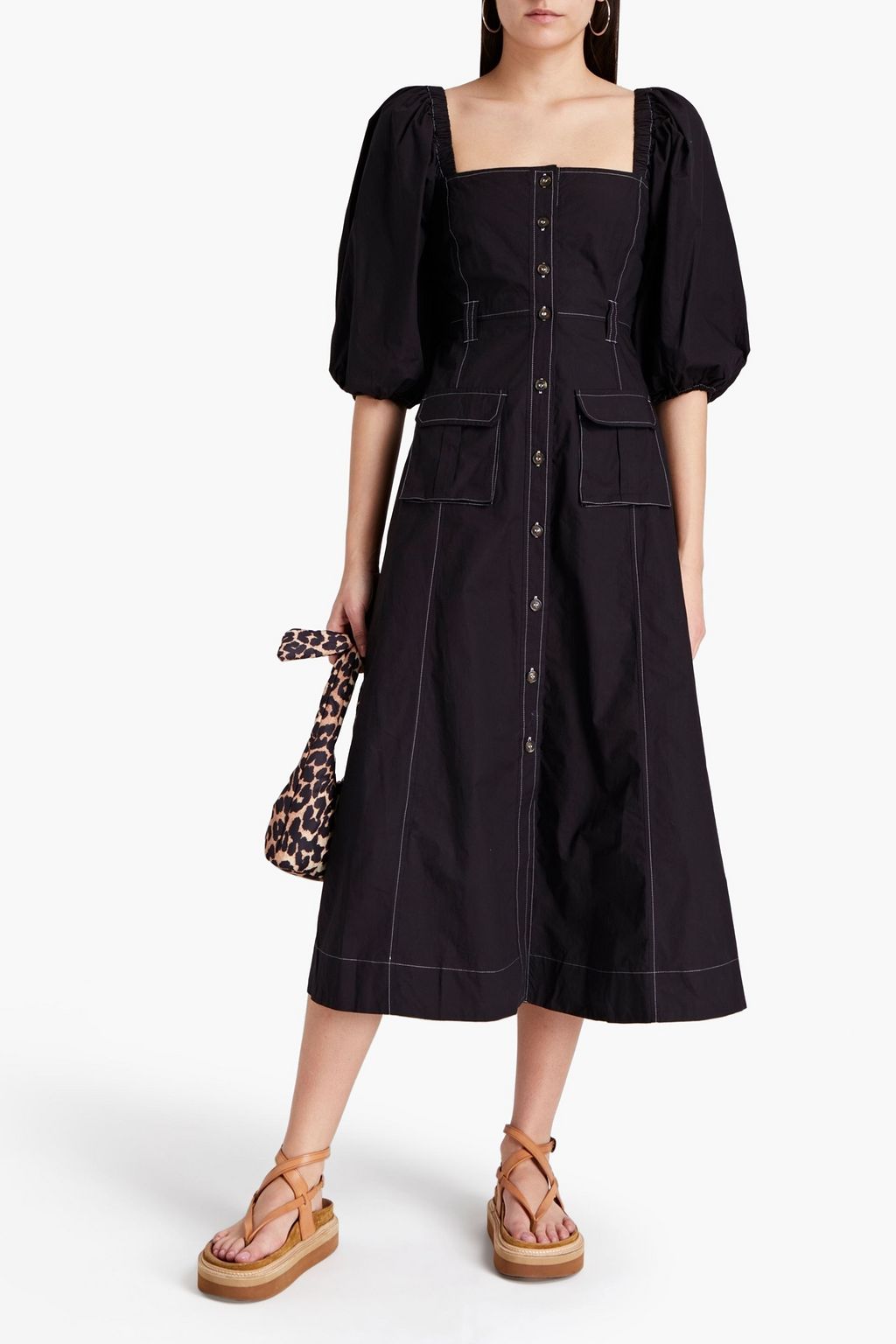 GANNI Topstitched organic cotton midi dress