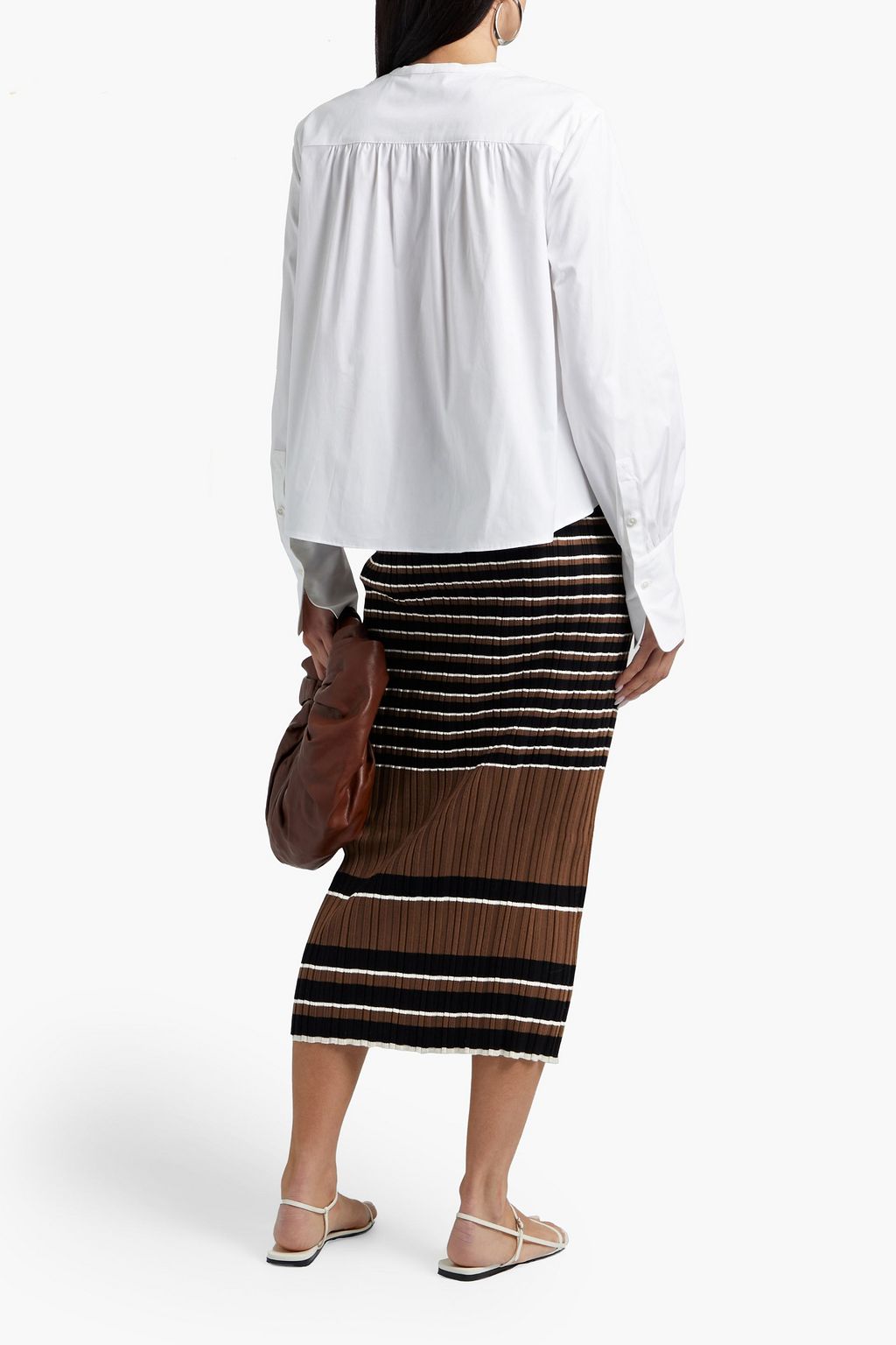 THEORY Striped ribbed cotton-blend midi skirt